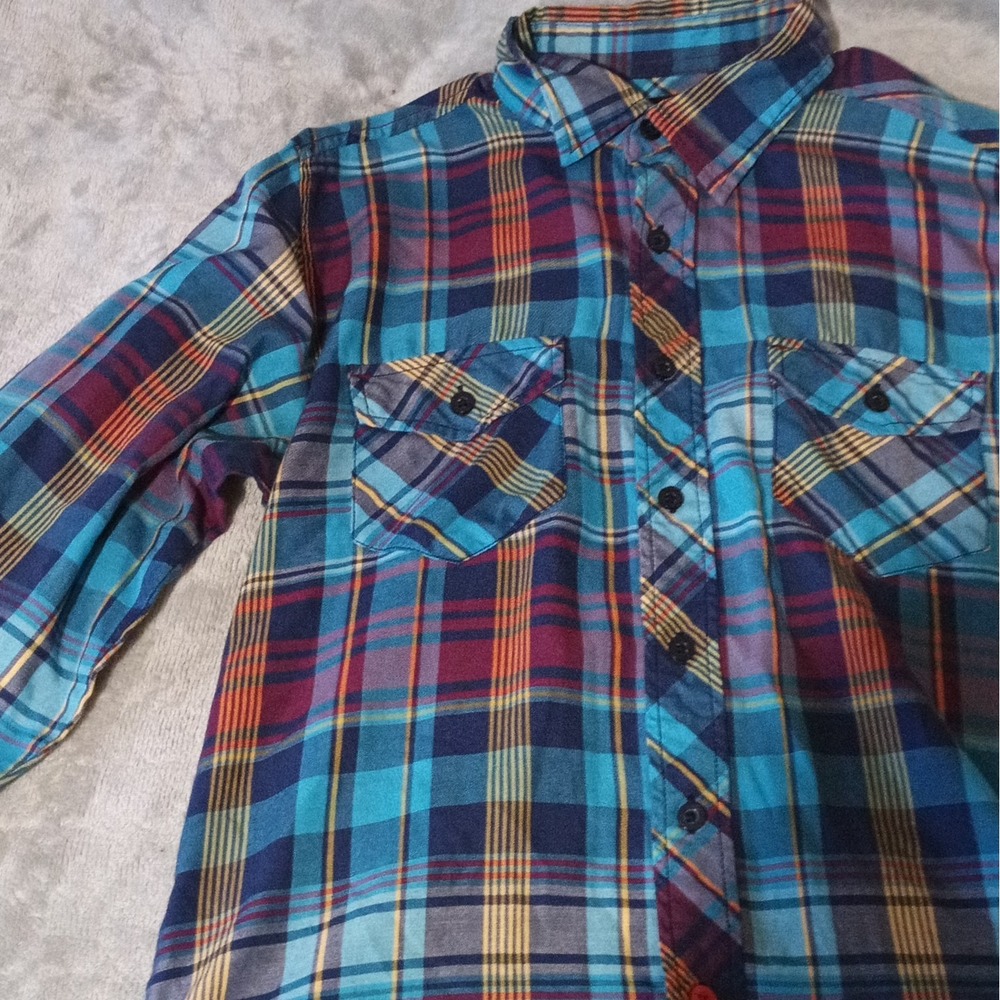 OP Men's S 34/36 Plaid Long Sleeve Button-Up Shirt w/ Pockets Blue Red Yellow